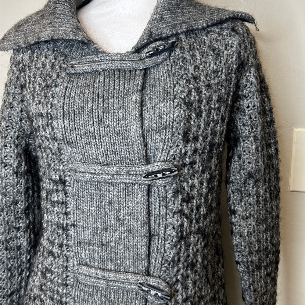 LOFT Gray Cable Knit Cardigan Sweater Dress Shawl Collar Double Breasted Small - Picture 7 of 8